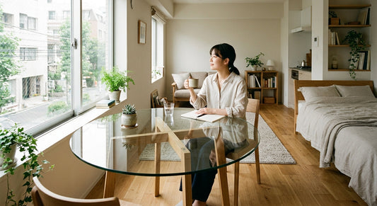 視線を透かして、空間を広げる。ワンルームに解放感をもたらす「ガラス天板テーブル」の選択